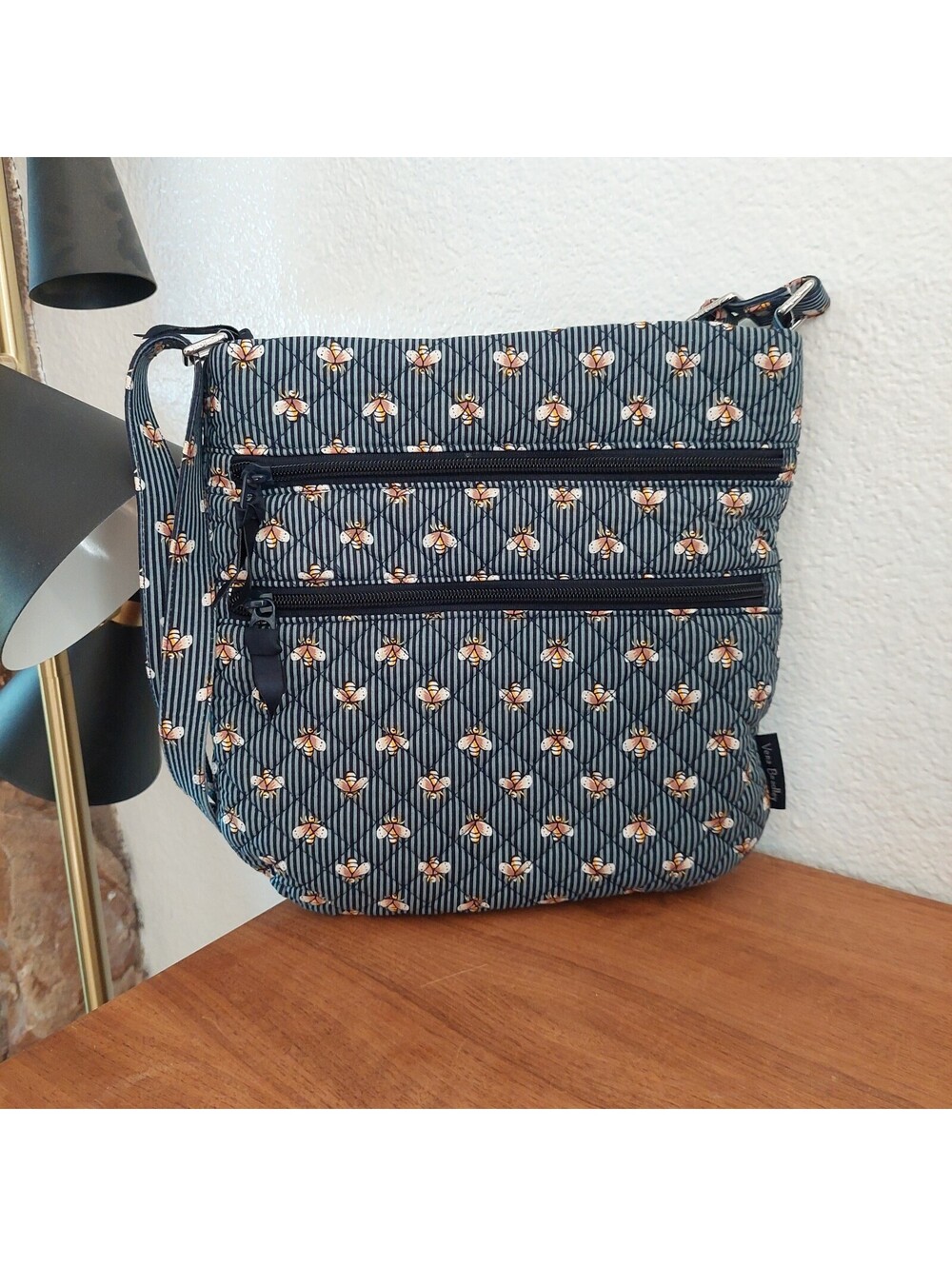Vera Bradley Bees Navy Triple Zip Hipster Crossbody Bag Quilted Striped Purse